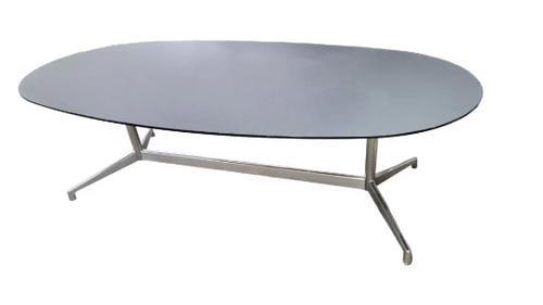 Mid Century Modern Eames Black Glass and Chrome Table: Vintage from before 2000 Materials: METAL *** Shipping is NOT Free, please contact us for a shipping quote. Mid Century Modern Eames Executive Series Black Glass Racetrack Top Segmented Chrome