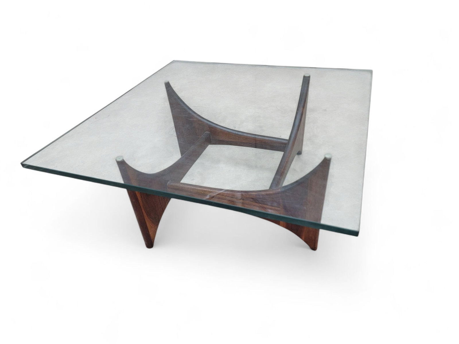 Mid Century Modern Adrian Pearsall Walnut Square Fin Base Glass Top Coffee Table (1 of 6)