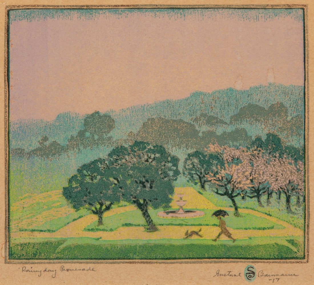 GUSTAVE BAUMANN RAINY DAY PROMENADE PRINT: Title: GUSTAVE BAUMANN RAINY DAY PROMENADE PRINT Description: Gustave Baumann Rainy Day Promenade Print mounted to board measuring at 10.5x11,25 inches Dimensions: 10.5x11.25" Reserve: $60.00 Shipping