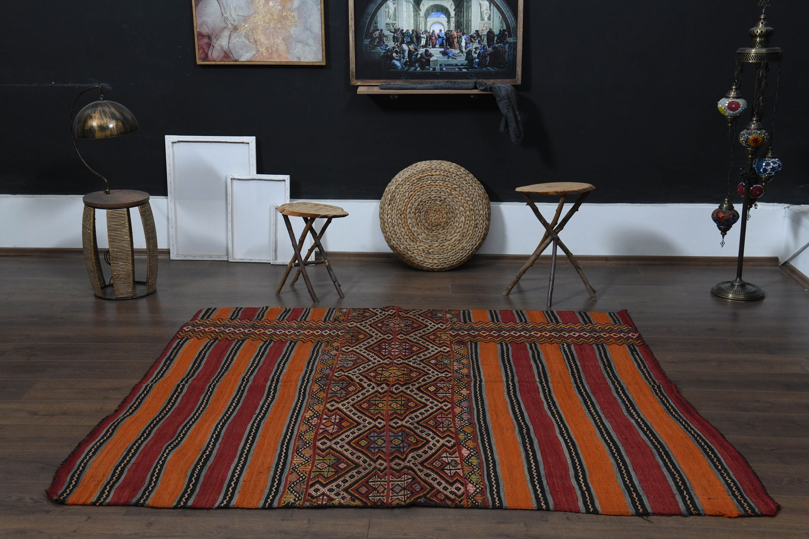 5'7x6'7 ft, COLORFUL STRIPED KILIM: Title: 5'7x6'7 ft, COLORFUL STRIPED KILIM Materials: Wool and Cotton Size: Width: 5.7 feet Length: 6.7 feet Reserve: $313.00 Shipping: Domestic: Free shipping to anywhere within the contiguous U.S.