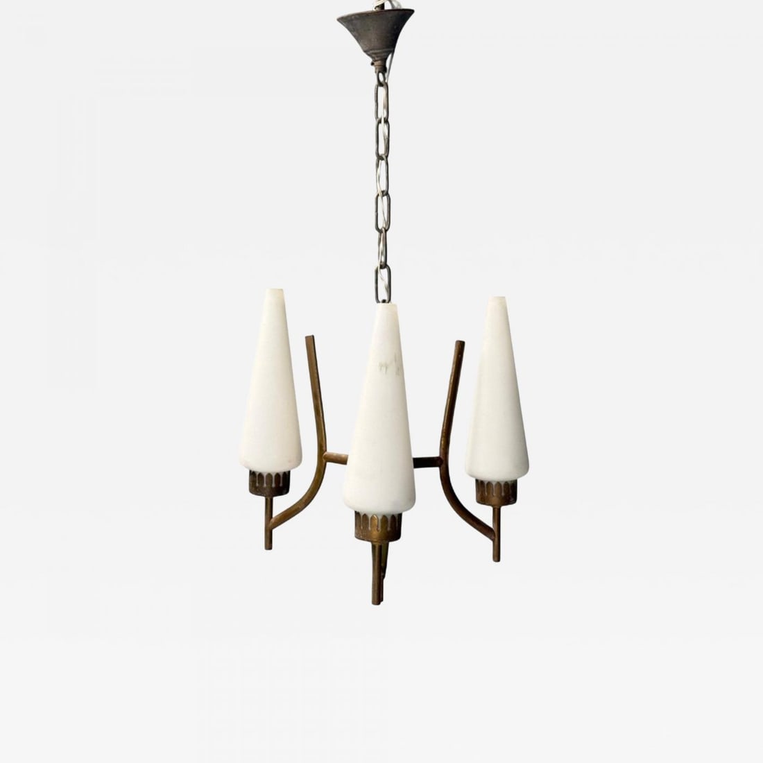 Angelo Lelli, Italian Modern, Brass, Opal Glass, Pendant light, Italy, 1950s: Description: Angelo Lelli, Italian Modern, Brass, Opal Glass, Pendant Light, Chandelier Italy, 1950s Pendant light or chandelier designed by Angelo Lelli for Arredoluce in the middle of the 20th centu