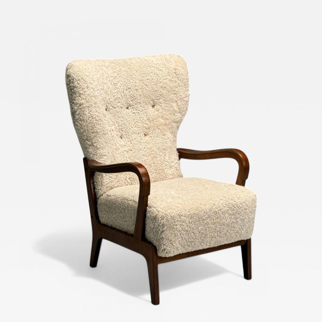 Danish Mid-Century Modern, Beige Sheepskin, Beech, Lounge Chair, Denmark, 1960s (1 of 9)