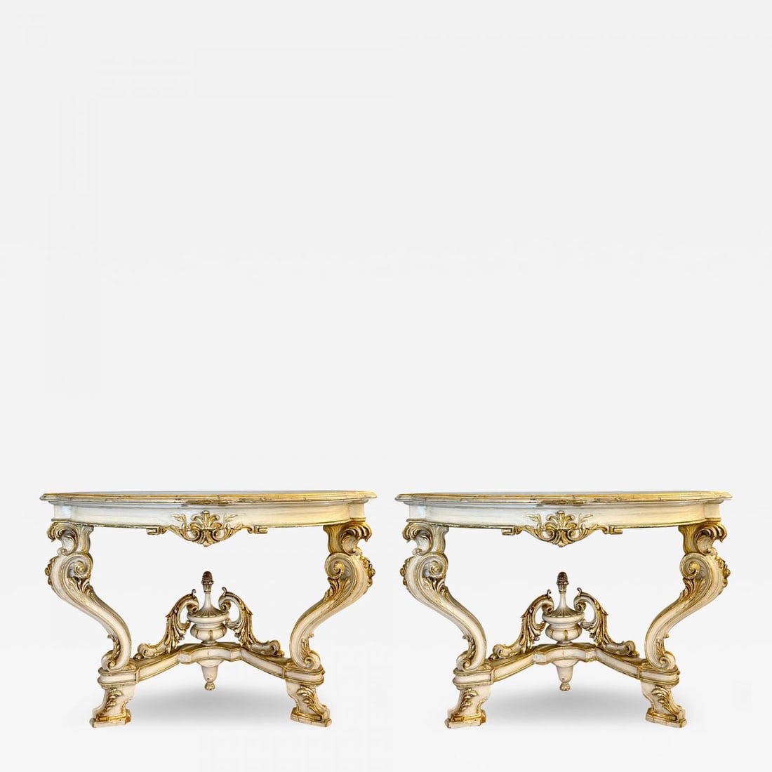 Pair of Italian Parcel Paint and Gilt Decorated Faux Marble-Top Console Tables: Description: A pair of Italian parcel wonderfully paint and gilt decorated demilune faux marble-top console or sofa tables, late 19th or early 20th century these finely carved cabriole leg freestandin