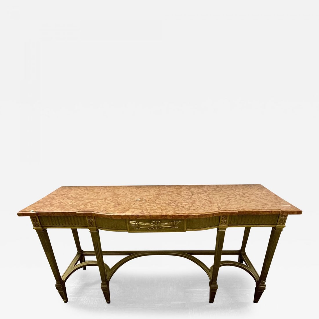 Maison Jansen Console with Six Raised Legs and Marble Top: Description: Fabulous Maison Jansen console with six raised legs and vibrant coral marble top and tree drawers. Gold leaf hi-lites and bronze sabots make this a beautiful piece. More Information: Peri