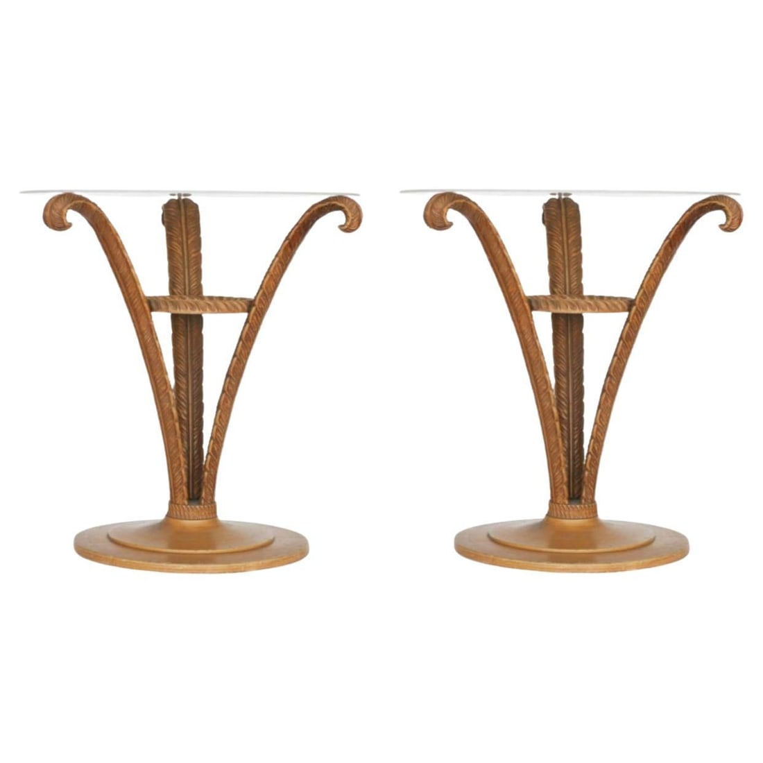 Art Deco Sculpted Wood Plume Round Pedestal Side Table by Grosfeld House, Pair: Pair of Art Deco sculpted wood plume side tables by Grosfeld House. Each table is made of three wood plume leaves opening up from the center of the base to the border of the glass top. This table has