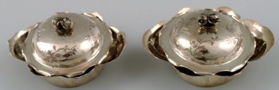 Two Chinese lidded bowls of silver. (1 of 9)