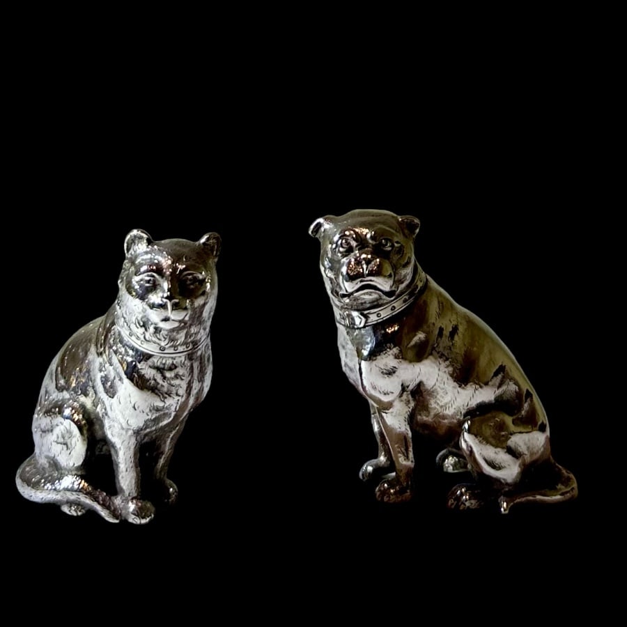 19th Century Antique Victorian Sterling Silver Pair Cat and Dog Peppers London 1874 E H Stockwell (1 of 12)