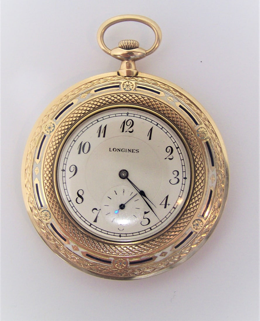 Antique 14k LONGINES Unisex Pocket watch c.1912* 47 mm w/Enamel Ornaments* EXLNT: Antique 14k LONGINES Unisex Pocket watch c.1912* 47 mm with Beautiful Enamel Ornaments & Hand Engravings * EXLNT* RARE! ​​ This Longines pocket watch is Swiss made Great present for yourse