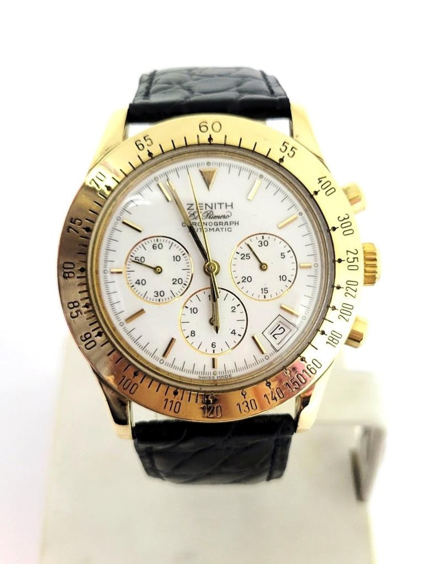 Mens Solid & Heavy 18k ZENITH EL PREMERO Chronograph Watch 06-0050-400* EXLNT: Men's Solid & Heavy 18k ZENITH EL PREMERO Chronograph Watch 06-0050-400* EXLNT This Men's Zenith watch is Swiss made. Great present for yourself or someone you love! Great present for vintage collecto