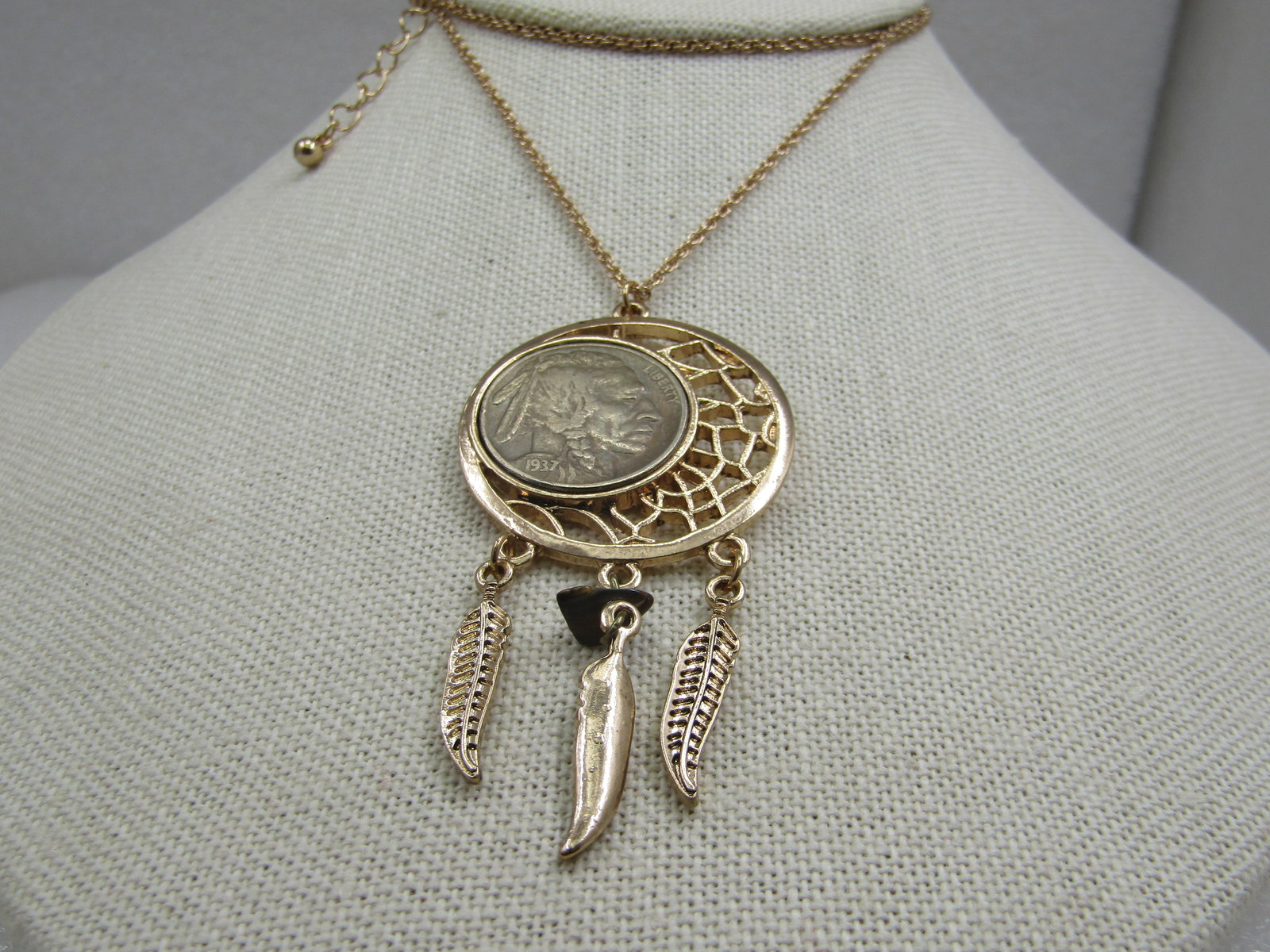 Vintage 1937 Indian Buffalo Nickel Dreamcatcher Necklace, 20" Plus (1 of 7)