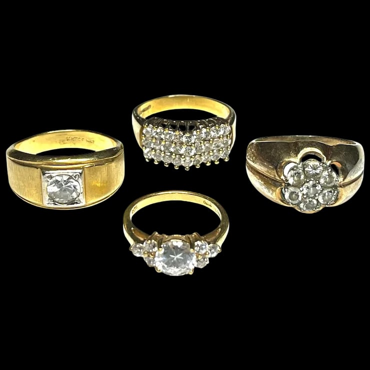 Vintage Lot of Gold Tone Statement Rings: Title: Vintage Lot of Gold Tone Statement Rings Description: Vintage Lot of Gold Tone Statement Rings Engagement RIng Size 5.5 Grams 2.5 14k HGE LIND Three Row Ring Size 8.75 Grams 4.3 14k GF Flower R