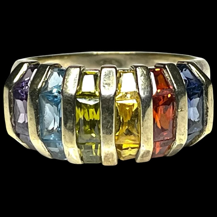 Estate Rainbow Channel Set Statement Ring: Title: Estate Rainbow Channel Set Statement Ring Description: Estate Rainbow Channel Set Statement Ring Hallmarked: 925 China Weighs: 6.7 grams Measures Ring SIze US: 10 Date/Period: Estate Materials: