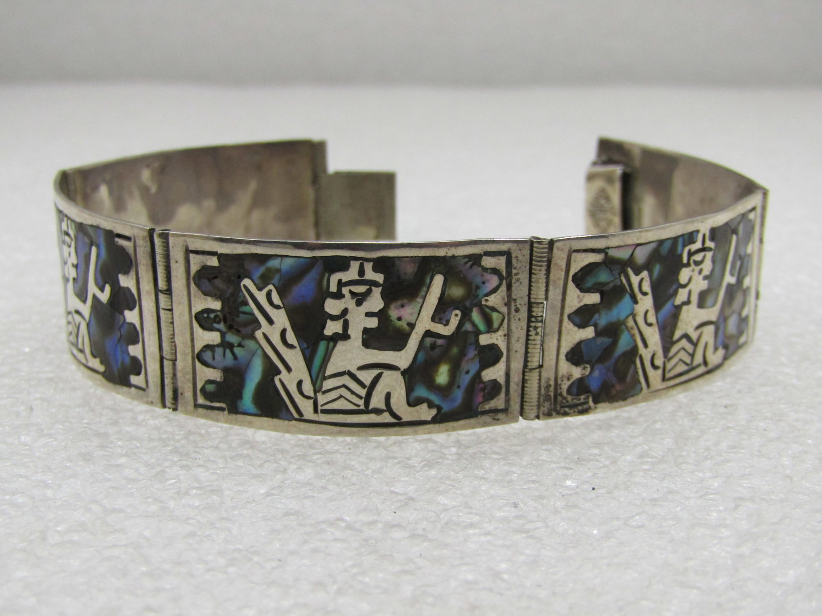 Vintage Mexican Sterling Inlaid Aztec Abalone Bracelet, 7" 1950's-1960's (1 of 7)