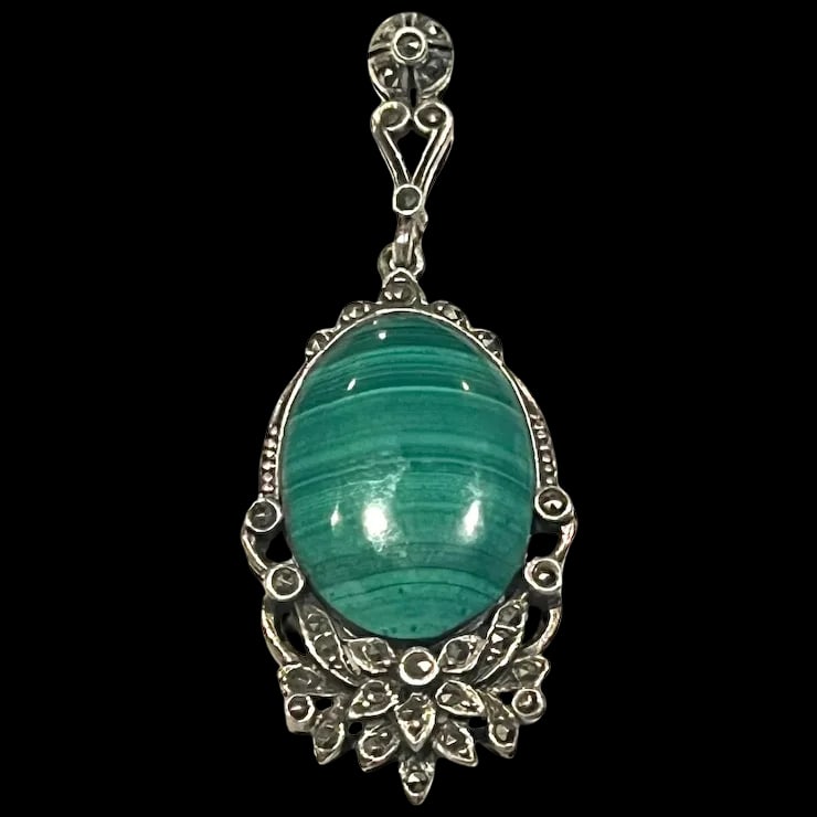 Vintage Malachite and Marcasite Pendant: Title: Vintage Malachite and Marcasite Pendant Description: Vintage Malachite and Marcasite Pendant Hallmarked:925 Weighs: 10.7 grams Measures: 2.25 x .90 inches Date/Period: Vintage Materials: Hallma