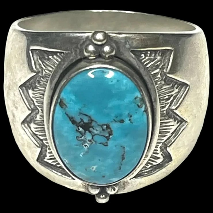 Estate Signed Carolyn Pollack Turquoise Sterling Silver Navajo Ring (1 of 5)