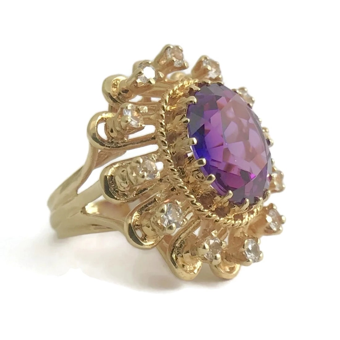 Large Oval Purple Amethyst CZ Cocktail Statement Ring 18K Yellow Gold 6.48 CTW (1 of 7)