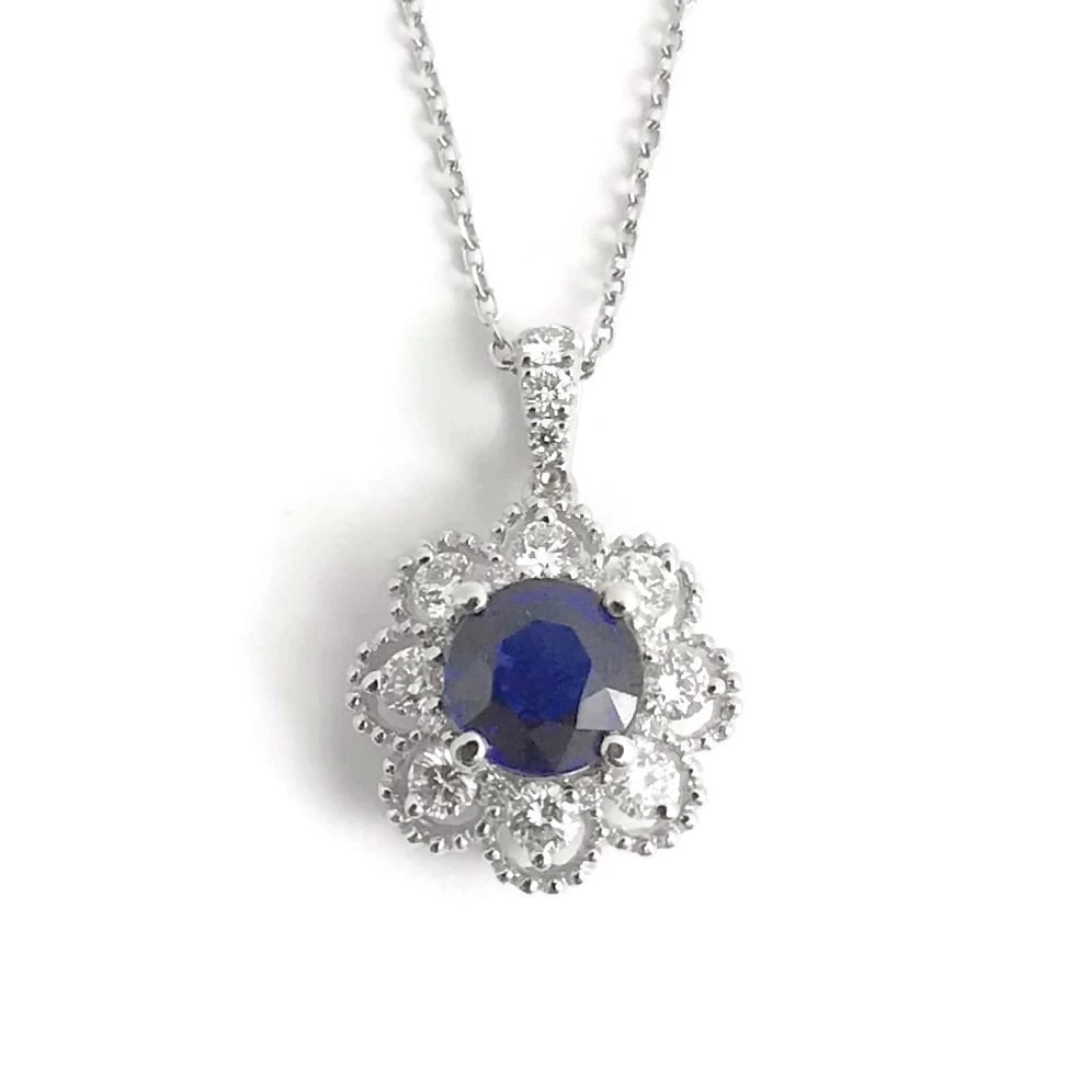 Blue Sapphire Diamond Flower Pendant Necklace 18K White Gold, 16 Inches 1.32 CTW (1 of 7)