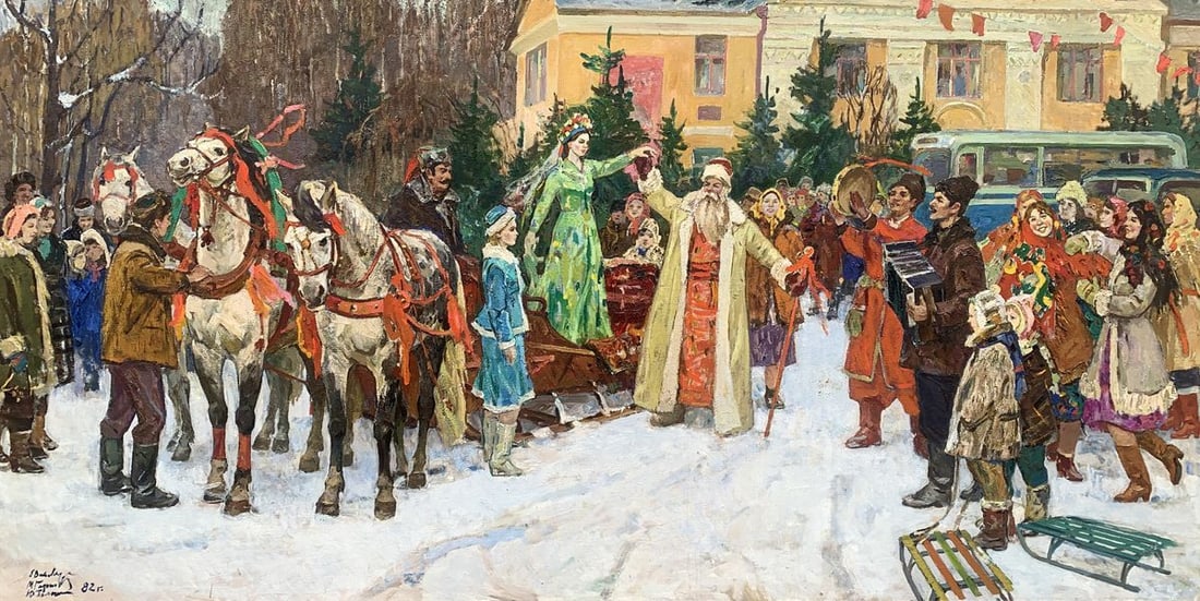 Oil painting Santa Claus Weissburg Efim Efimovich: Title: Oil painting Santa Claus Weissburg Efim Efimovich Description: №AAA3088 The oil painting "Santa Claus" is a vibrant and lively scene depicting a festive gathering that appears to be a cel