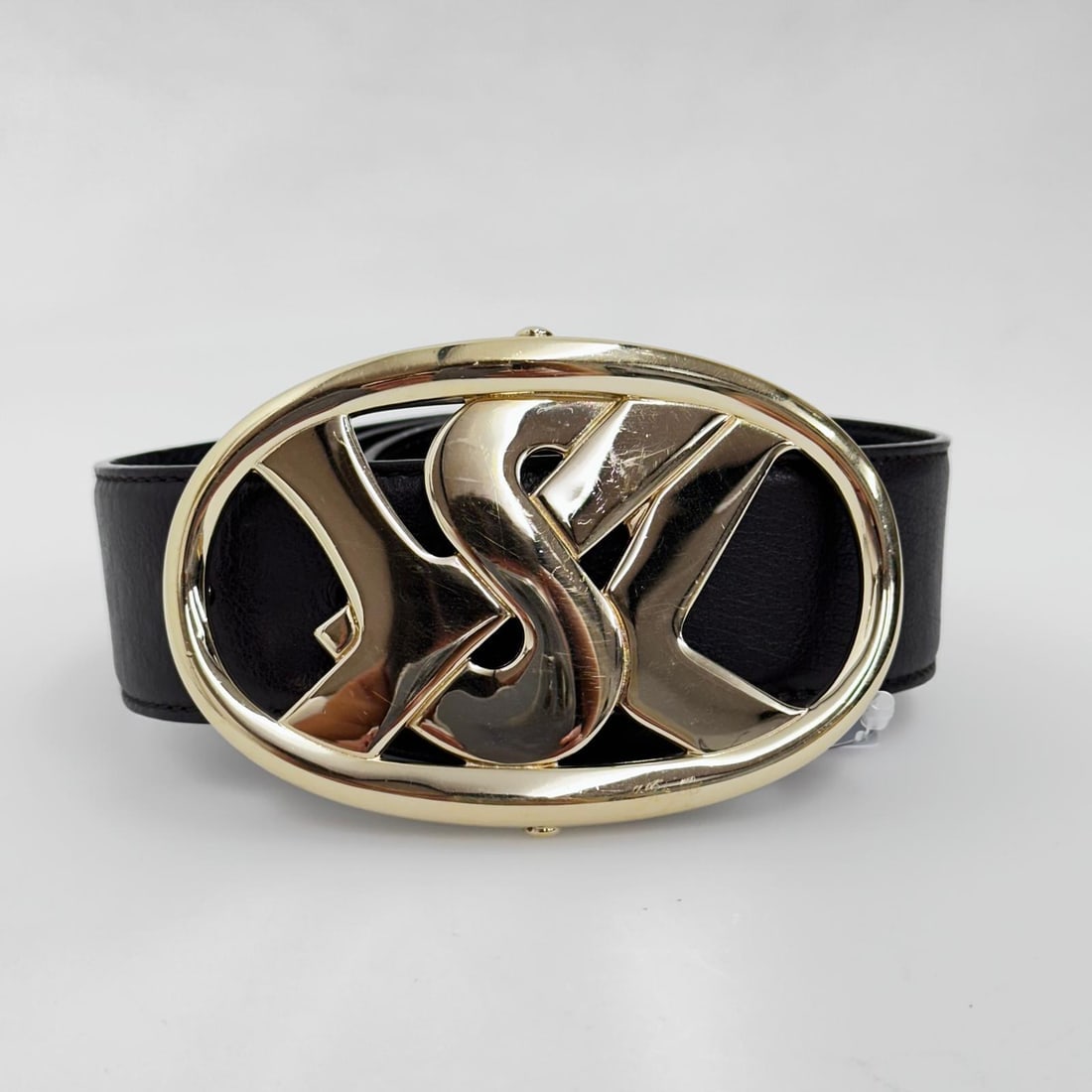 SAINT LAURENT Brown Leather Belt with Gold YSL Monogram Buckle - Cm 115 (1 of 7)