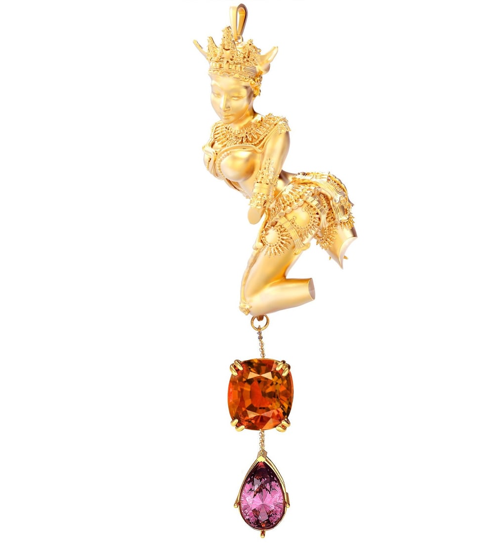 Silver Celestial Dancer Devata Pendant with Tourmaline - 7