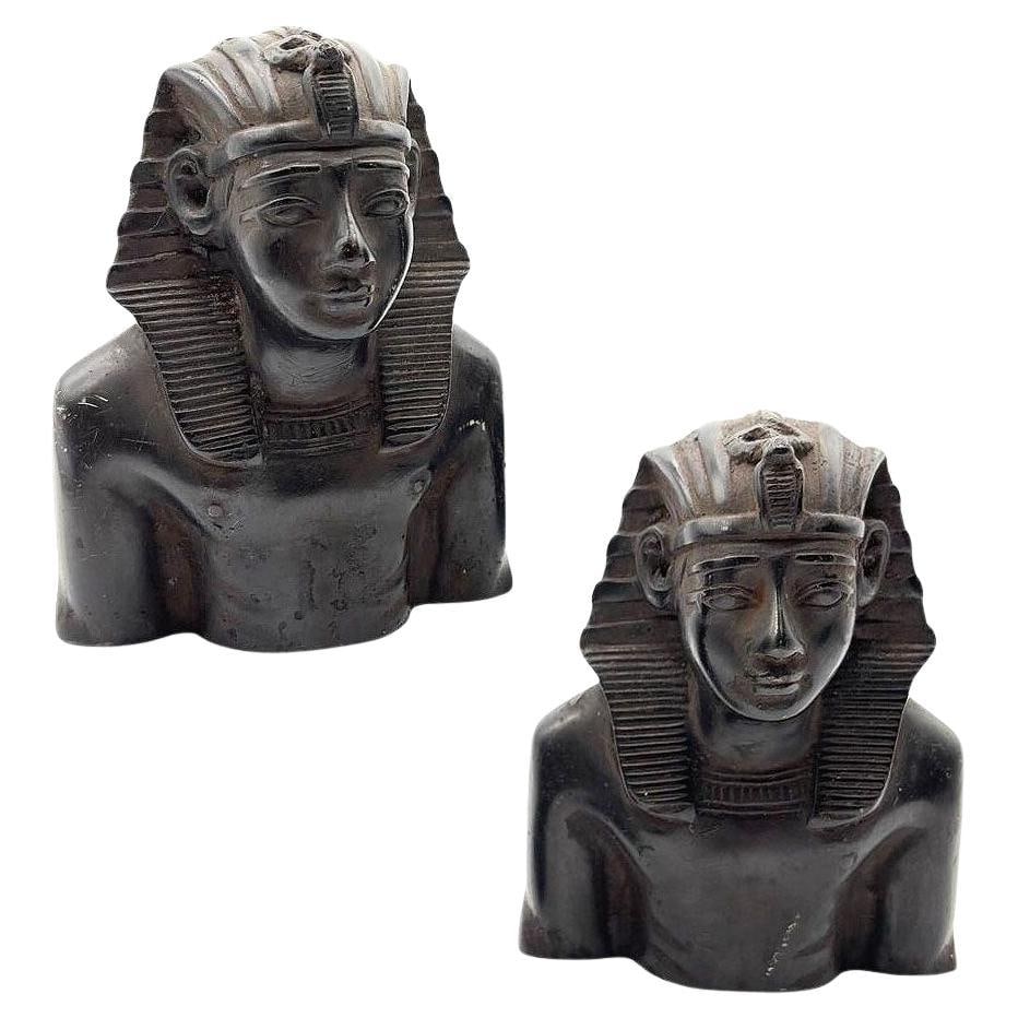 Hand Carved Ebony Wood King Tut Tutankhamen Pharaoh Bust Book Ends Signed 1974: Dated 1974 hand-carved King Tutankhamun bust bookends (set of 2), carved from a solid block of teak wood, feature detailed representations of the Pharaoh. The black finish highlights the design work a