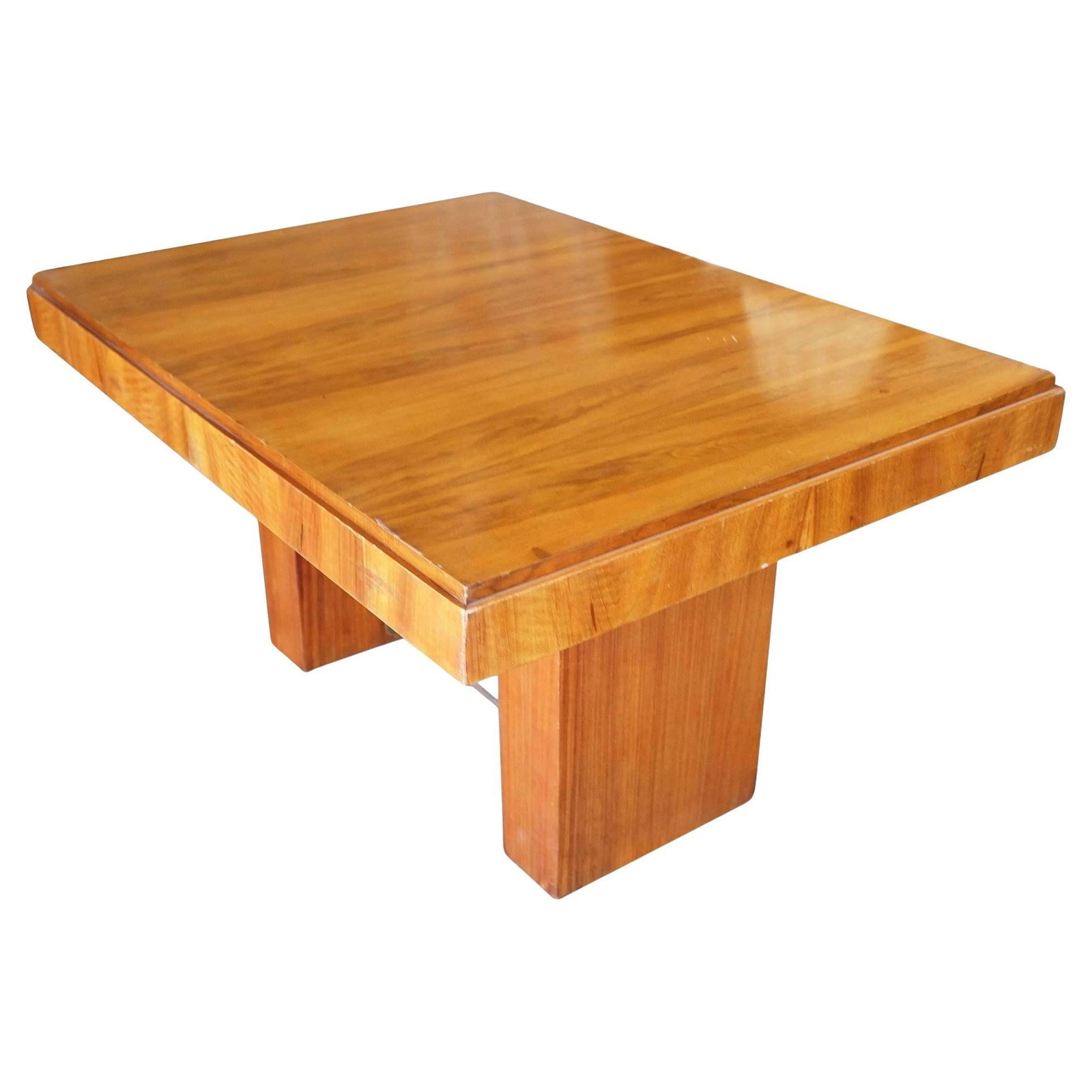 Art Deco Geometric Walnut Dining Table or Large Desk Inspired by Charles Dudouyt: Crafted in the Art Deco aesthetic, this walnut Dining Table or Desk embodies the avant-garde style akin to Charles Dudouyt. The cheery stained hardwood gleams, accentuating the two-tier stepped top th