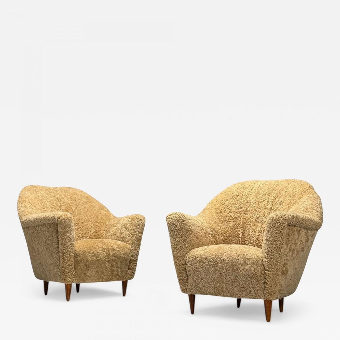 Italian Modern, Honey Shearling, Stained Wood, Lounge Chairs, Italy, 1950s (1 of 12)