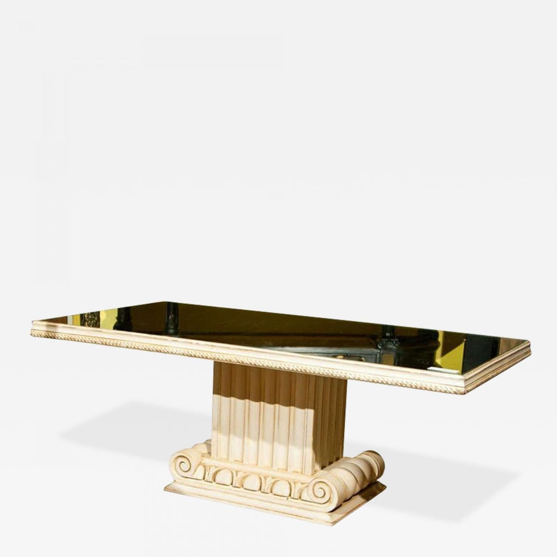 Grosfeld House Style Glass Top Coffee Table: Title: Grosfeld House Style Glass Top Coffee Table Description: An exquisite coffee table, overall distress-painted, the rectangular top with glass inset supported by a pillar-shaped pedestal base, in