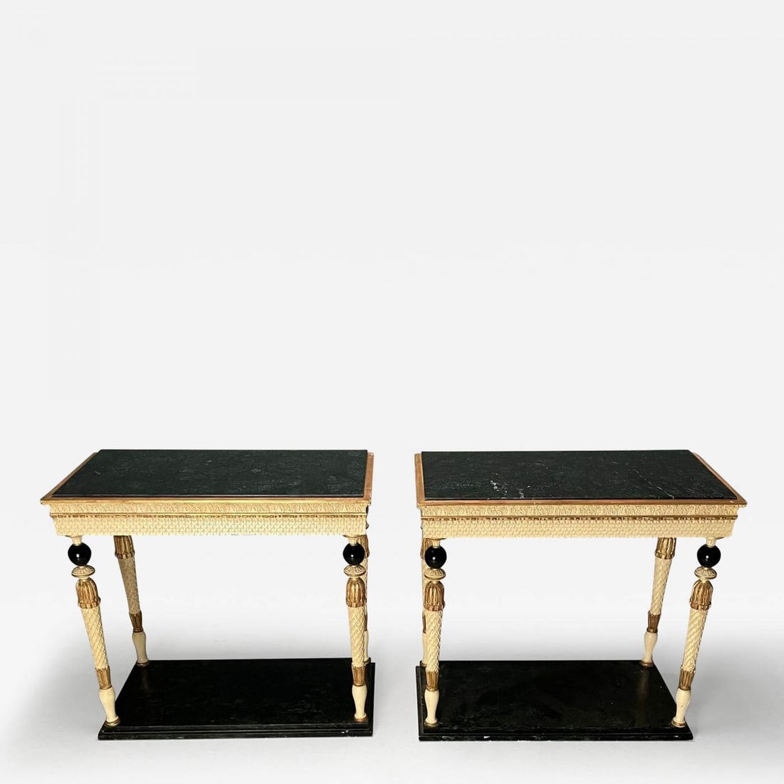 Pair of Swedish Neoclassical Maison Jansen Marble-Top Console Tables, French: Title: Pair of Swedish Neoclassical Maison Jansen Marble-Top Console Tables, French Description: Pair of Swedish Neoclassical Maison Jansen Marble-Top Console Tables, French A pair of neoclassical sty