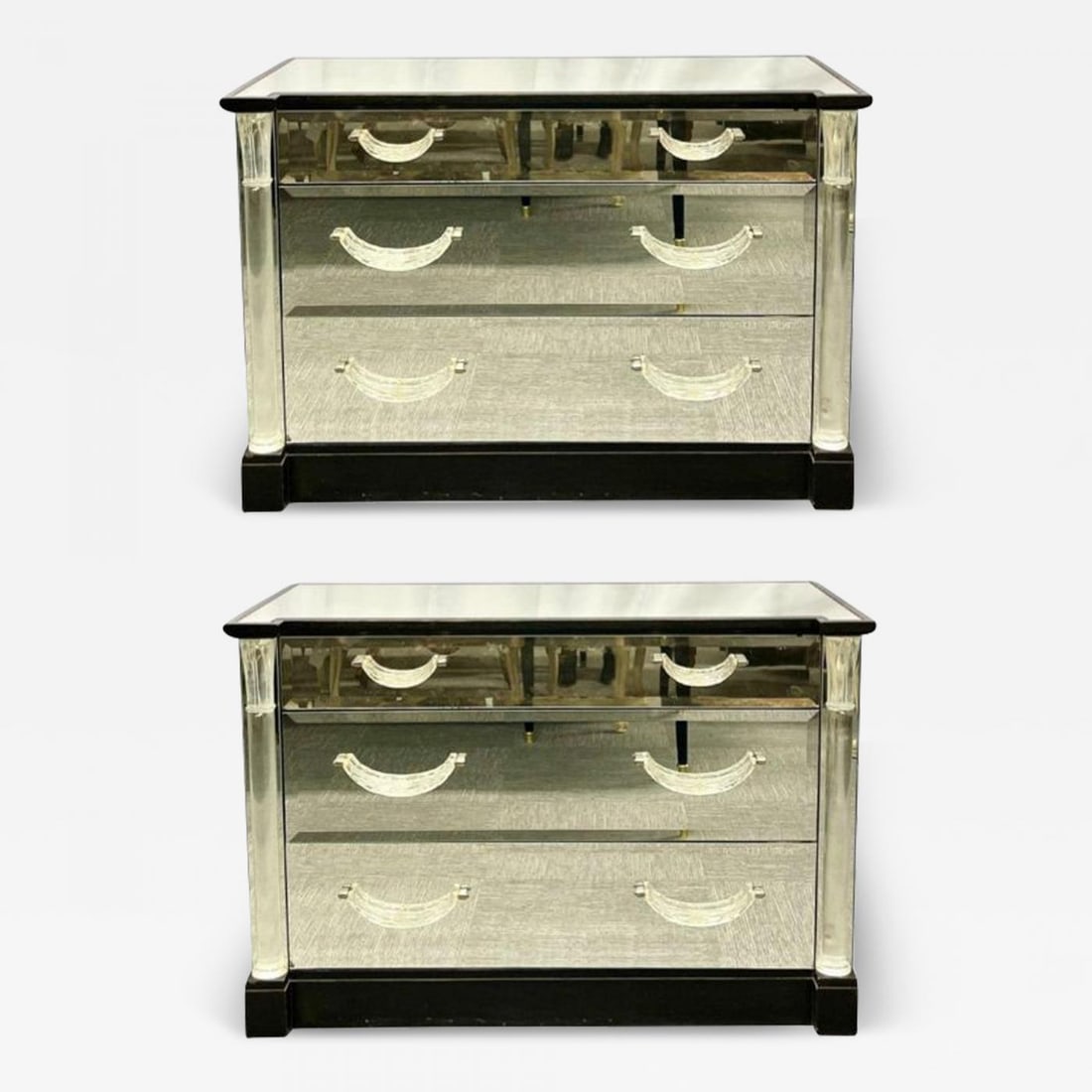 Grosfeld House, Hollywood Regency, 'Glassics' Mirrored Cabinets, USA, 1930s: Title: Grosfeld House, Hollywood Regency, 'Glassics' Mirrored Cabinets, USA, 1930s Description: Grosfeld House, Hollywood Regency, 'Glassics' Mirrored Nightstands, Dressers, USA, 1930s Pair of Grosfel