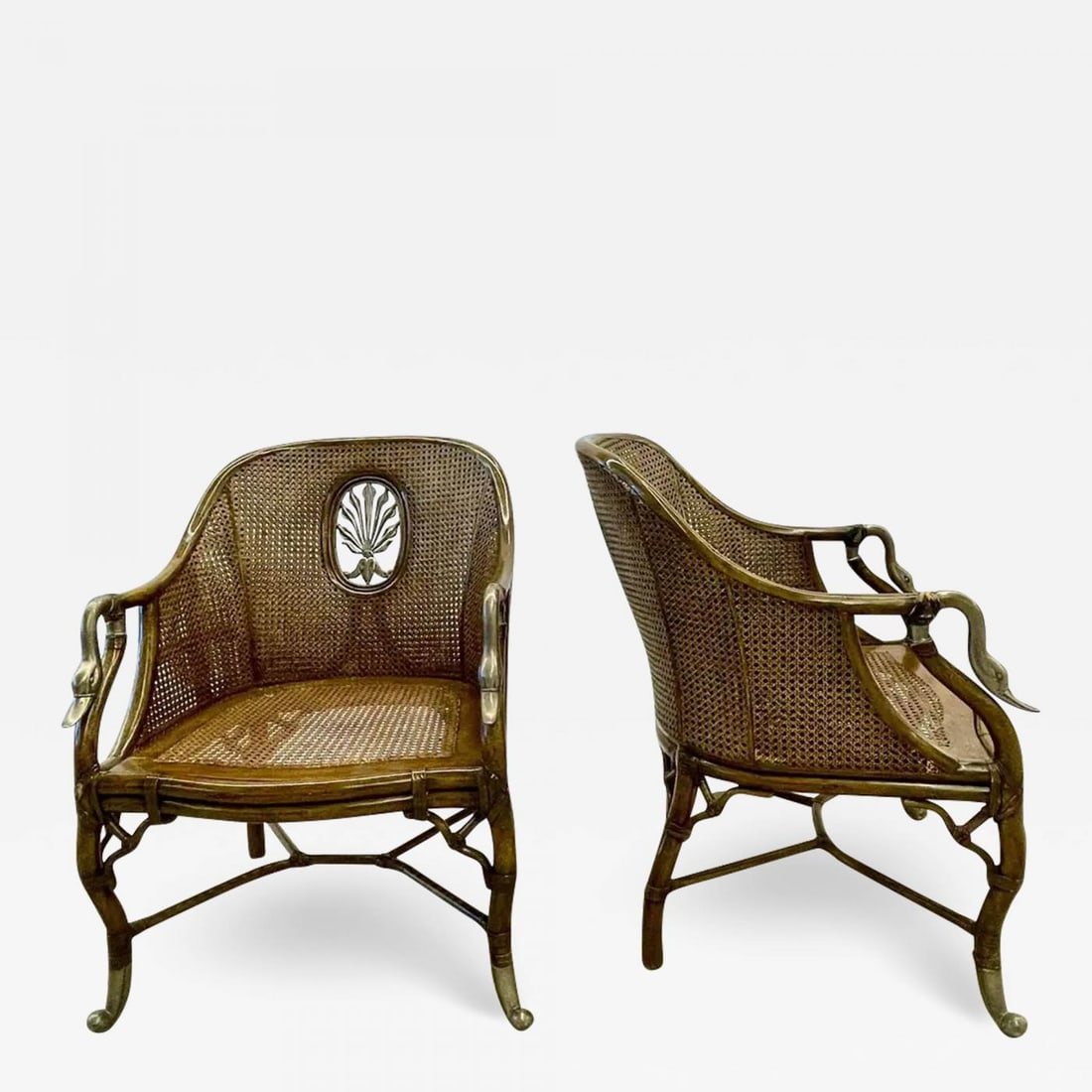 Pair of French Bergère Swan Arm, Lounge Chairs, Silver Metal, Cane, Tortoise (1 of 12)