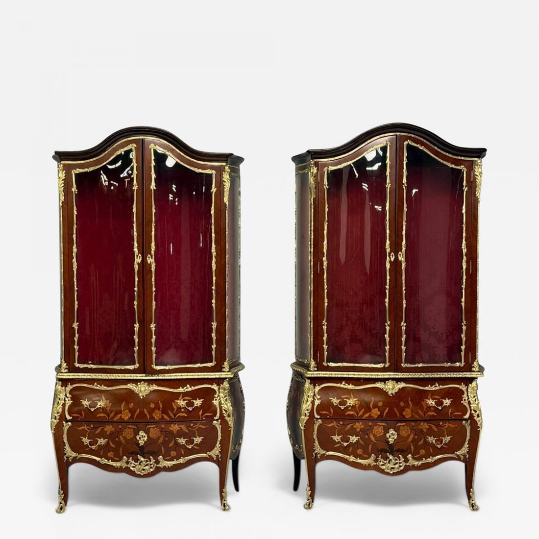 Louis XV Style, Bombe Vitrines, Ormolu Bronze, Inlaid Marquetry, France, 19th (1 of 12)