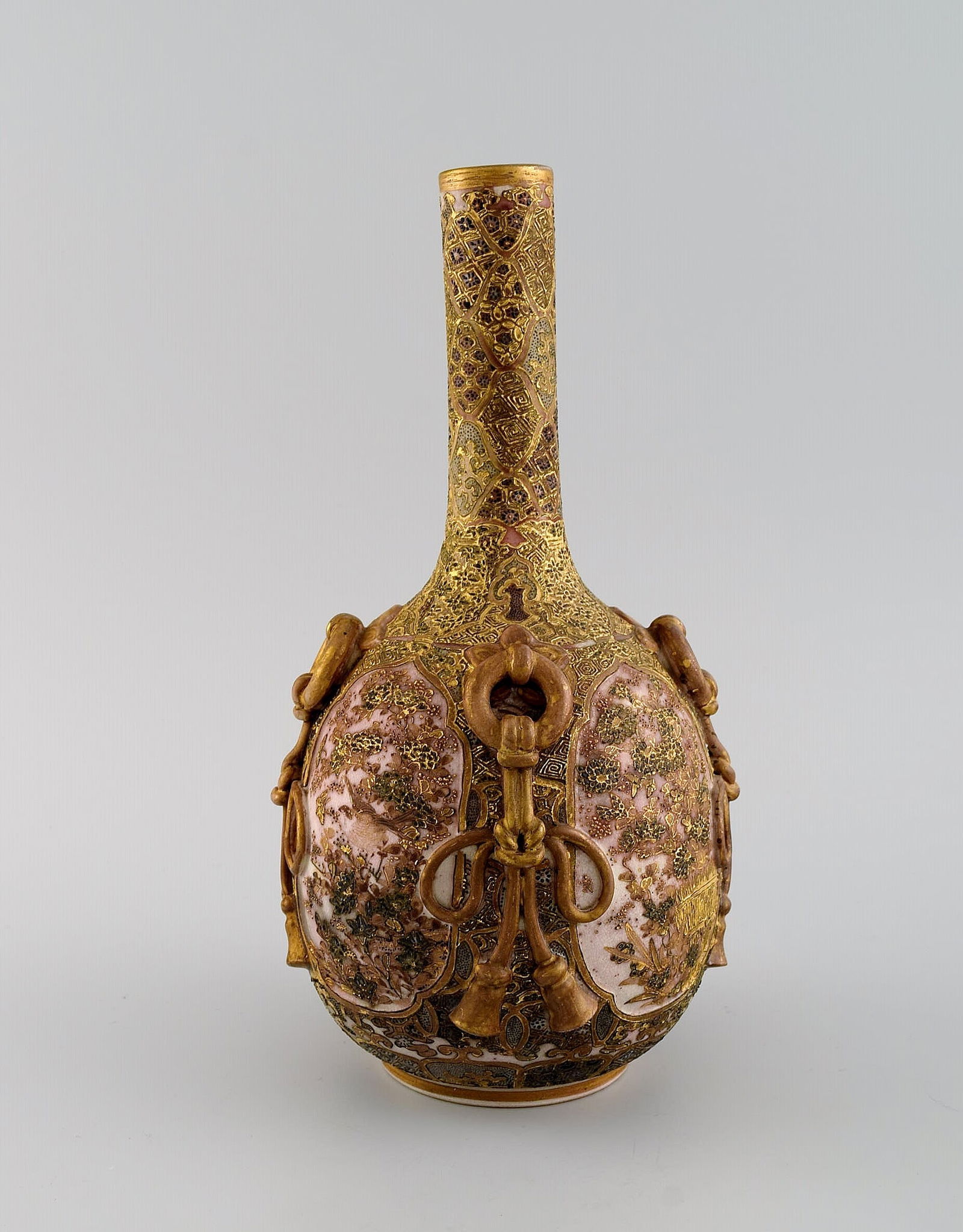 Meiji (1868–1912). Japanese satsuma bottle vase decorated in colors and gold with flowers in (1 of 8)