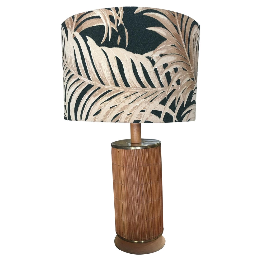 Restored Midcentury Bamboo Tropical Lamp with Fabric Palm Leaf: Mid century Tropical Lamp featuring a light stained oak base wrapped in decorative strung Bamboo with a top brass cap. The lamp comes with its original Fabric Palm Leaf Shade by Spectrum fabrics. Rest