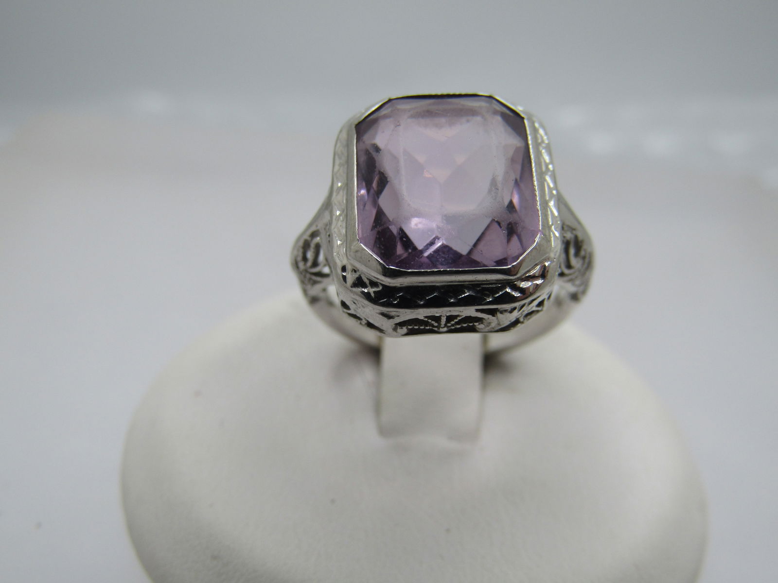 Vintage 10kt Amethyst Art Deco Themed Ring, Sz. 5, Rhodium Plated. (1 of 7)