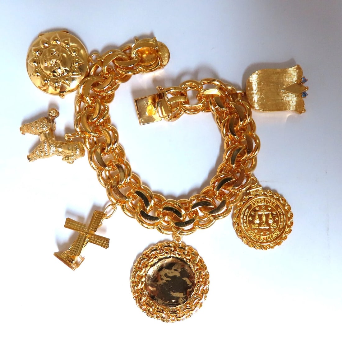 14kt Gold 6 Charm Functional Bracelet Sun Dog Windmill Frame Lilly 104gr** (1 of 8)