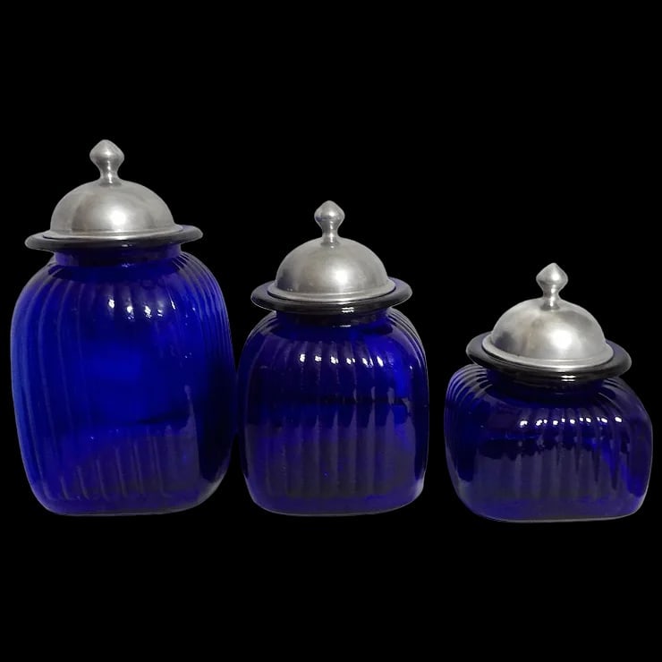 Vintage Set of 3 Artland Cobalt Blue Square Ribbed Glass Canister with Pewter Metal Lids (1 of 3)