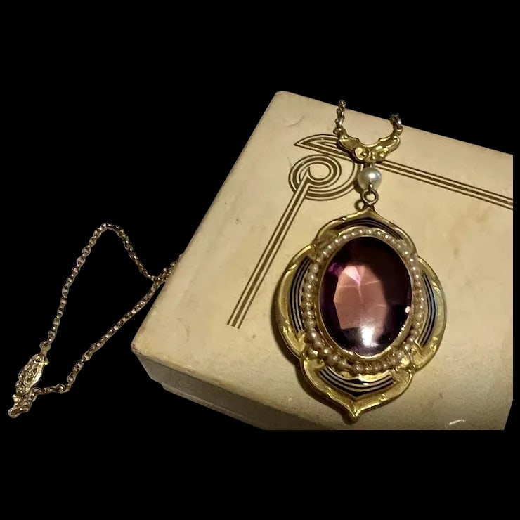 Antique Victorian Czech Amethyst Glass Enamel Lavalier Necklace original box (1 of 14)