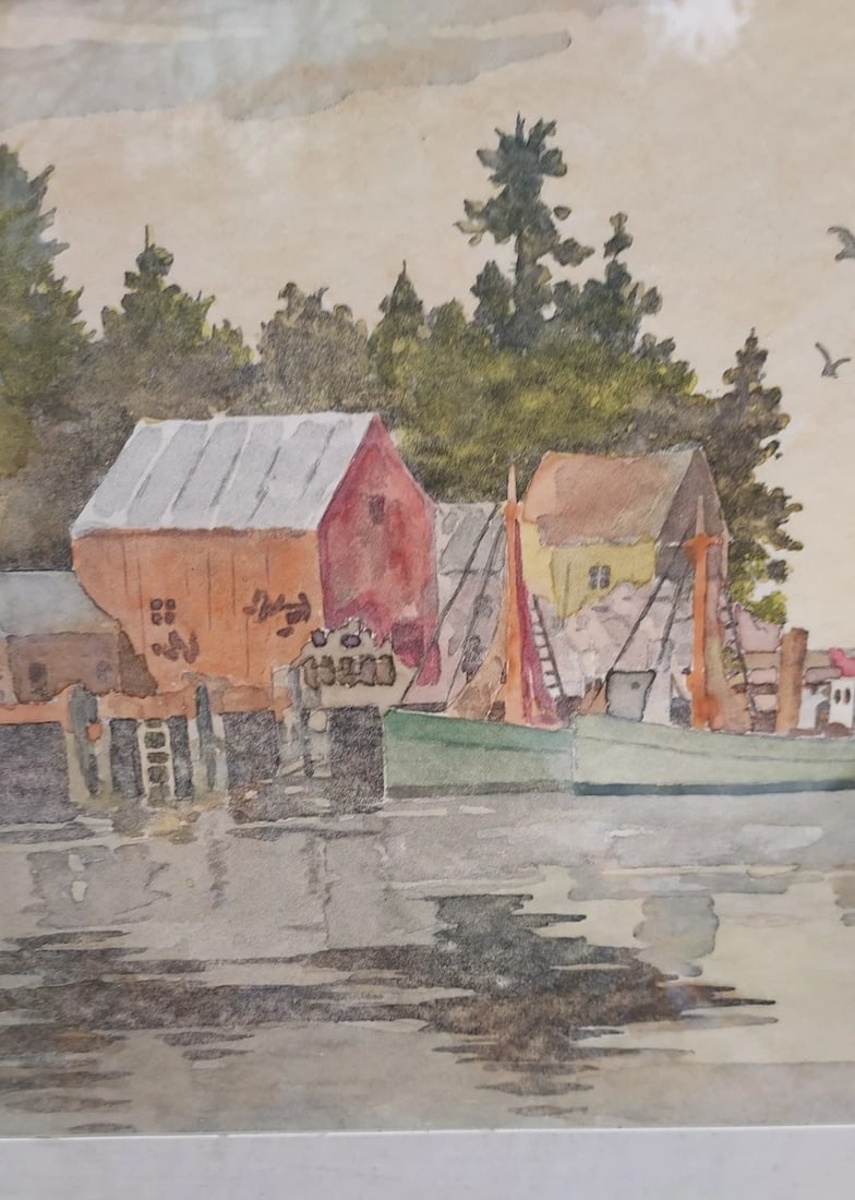 Ocean coastal cottage boat watercolor unsigned New England 1940 (1 of 2)