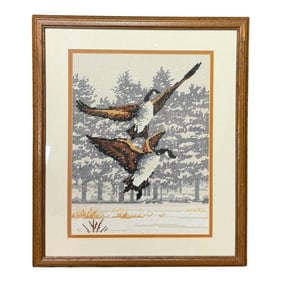 Vintage 1984 Framed Monarch Horizons Canada Geese Counted Cross Stitch