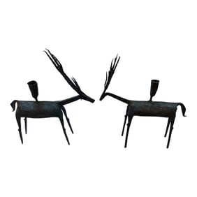 Brutalist Metal Antelope Form Candlestick Sculpture- A Pair