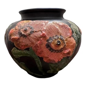 Vintage Tiffin Art Deco Black Satin Hand Painted Glass Vase With Coralene Poppies 1930's
