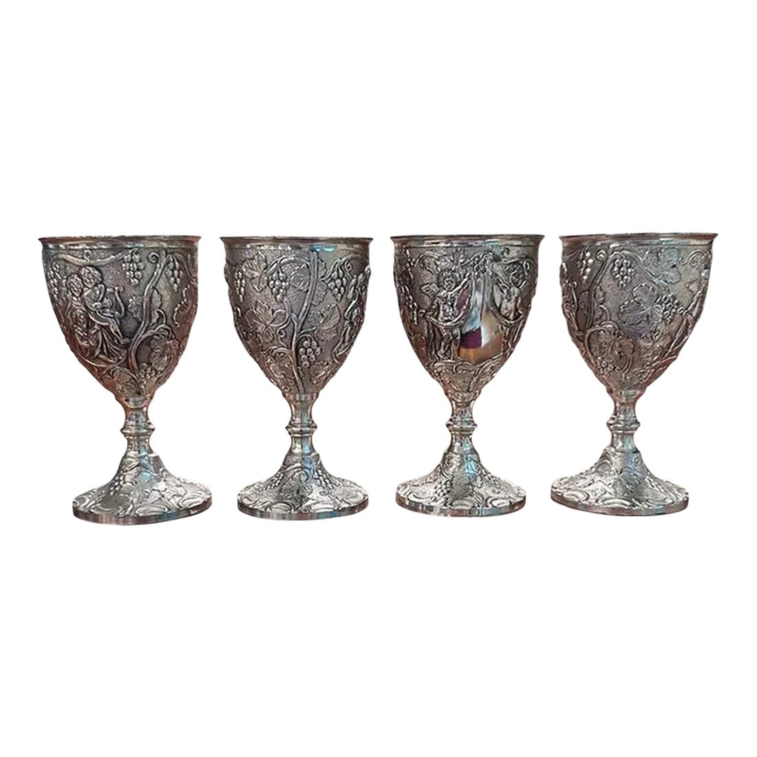 Mid 20th Century Corbell & Co Silver Plated Port Wine Cherubs & Grape Vine Goblets, England- Set of: Vintsge set of 4 Corbell & Co Silver-Plated Hollowware Enjoy port wine, cordial, liqueur Ornately decorated with cherubs, grapes and leaves. Marked C & CO EP Made in England As found condition with so