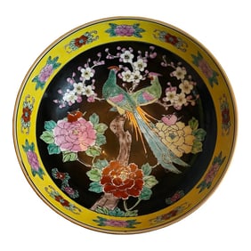 Mid 20th Century Gold Imari Porcelain Centerpiece Bowl With Hand-Painted Peacocks, Cherry Blossoms,