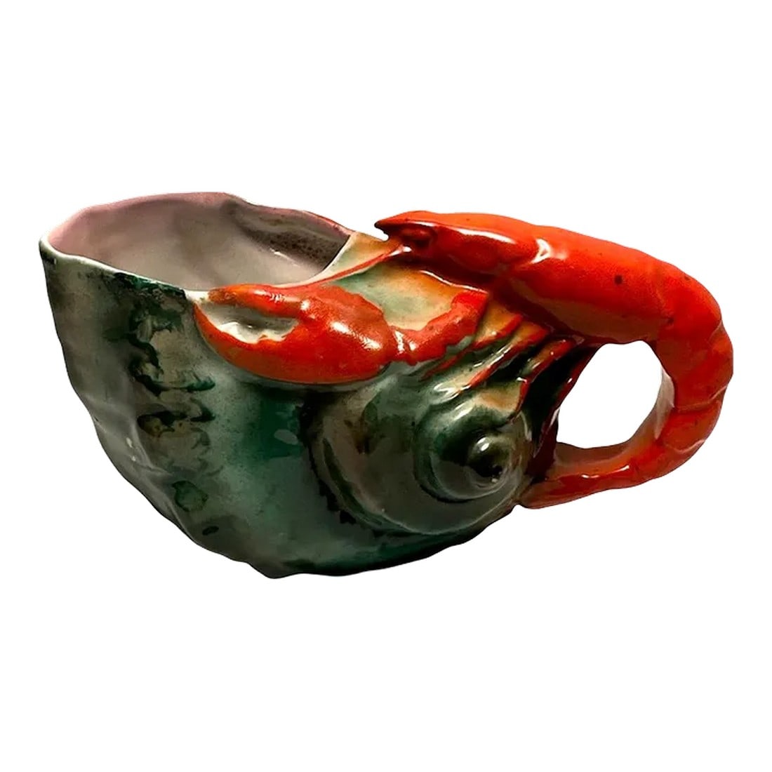 Antique Royal Bayreuth Lobster Handled Conch Shell Sauce Creamer Bowl: Royal Bayreuth collectible hand painted porcelain creamer or sauce boat. Bright red lobster over a green-toned conch shell. Great design using lobster tail as handle. This piece is unmarked. No chips