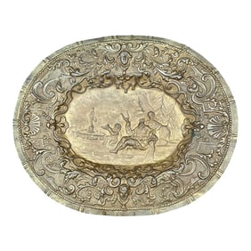 Oval Brass Tone Metal Poseidon Bas Relief Repousse Scene Wall Decor