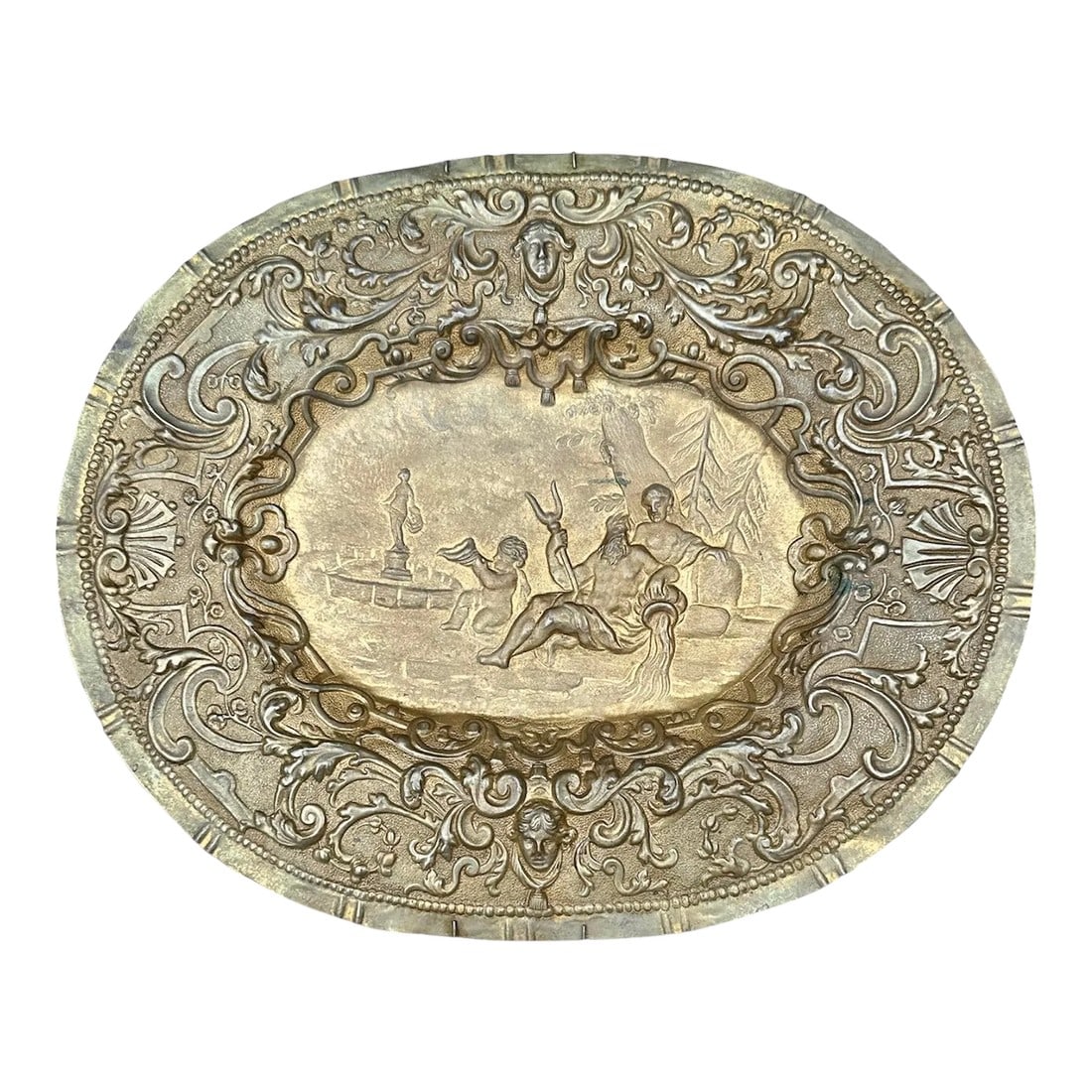 Oval Brass Tone Metal Poseidon Bas Relief Repousse Scene Wall Decor (1 of 7)