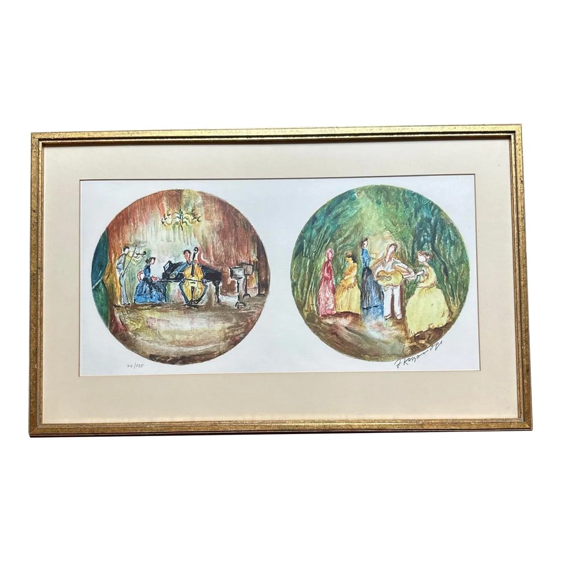 Israel Artist Joseph Kossonogi Limited Edition 74/175 Watercolor Lithograph Musician Victorian Mid 2: Print in.74 of 175 offer of brightly colored musical scenes by Israel Artist, Joseph Kossonogi, known as Kossonogy, or Yoseph. Born 1908 Died 1981 Site size of print is 19" long by 9.5" wide with the
