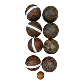 Vintage Italian Bocce Ball Set in Mottled Camouflage Pattern and Earthy Colors- Set of 9