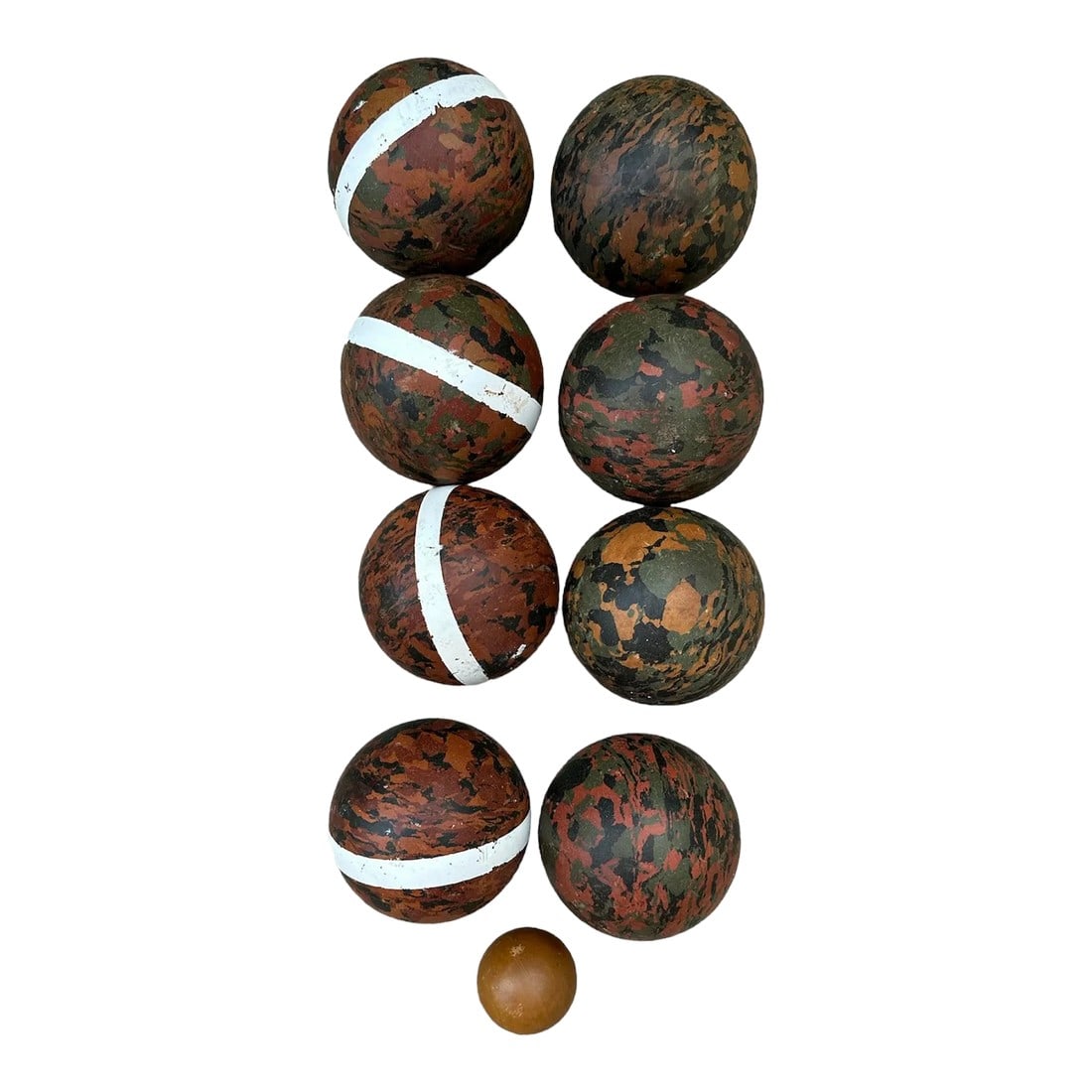 Vintage Italian Bocce Ball Set in Mottled Camouflage Pattern and Earthy Colors- Set of 9: Set of 9 vintage Italian bocce ball set. Camo-colored mottling in design. 4 solids and 4 stripes with the jack ball. Vintage set had game-life still in play or an earthy decor on table or floor. Each